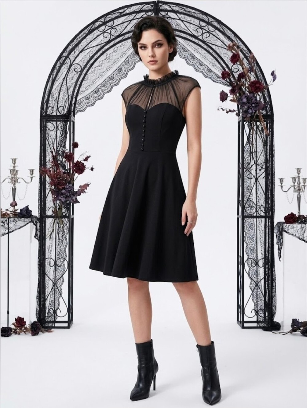 Womens Vintage Inspired Black Mesh Ruffle Neck Midi Dress With Button & Zip